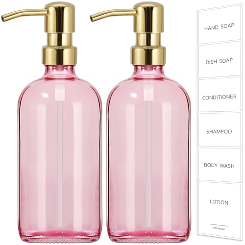GMISUN Pink Soap Dispenser Bathroom, 2 Pack Kitchen Hand and Dish Soap Dispensers Set, 17 Fl Oz Pink Glass Soap Dispenser with Gold Pump, Refillable Modern Farmhouse Liquid Soap Pump Bottles - color: Pink Bottle + Golden Pump, size: 2 Pack