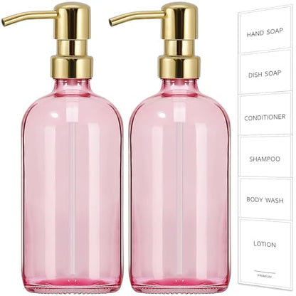 GMISUN Pink Soap Dispenser Bathroom, 2 Pack Kitchen Hand and Dish Soap Dispensers Set, 17 Fl Oz Pink Glass Soap Dispenser with Gold Pump, Refillable Modern Farmhouse Liquid Soap Pump Bottles - color: Pink Bottle + Golden Pump, size: 2 Pack