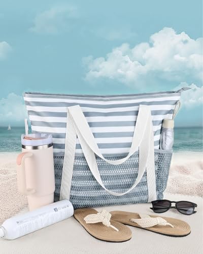 HOMESPON Beach Bag Large Waterproof Sandproof Tote for Women with Zipper and Mesh Pockets - color: Gray Stripes, size: Medium