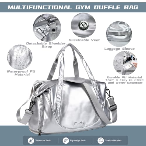 Gym Bag for Women Men, Expandable Travel Duffel Bag with Shoe Compartment - color: Silver