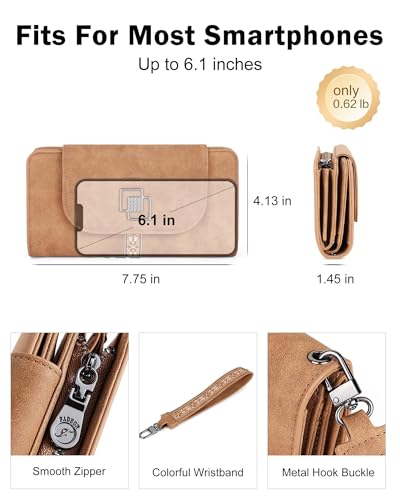 FADEON Leather Wallets for Women, Designer Large RFID Blocking Trifold - color: Camel Brown Nubuck Style