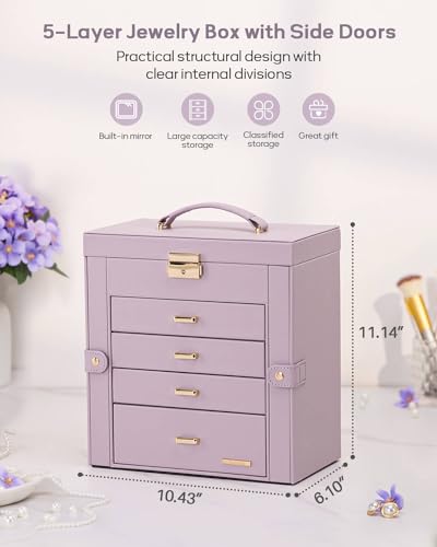 Homde Large Jewelry Box for Women: 5-Layer Organizer with Lock for Dresser - color: Grey Purple + Gold