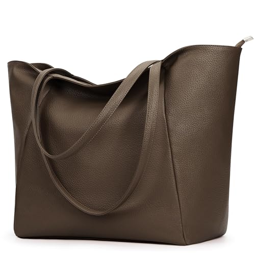 KALIDI Large Tote Bag Vegan Leather 16L Casual Zipper Work Weekender - color: Coffee Brown