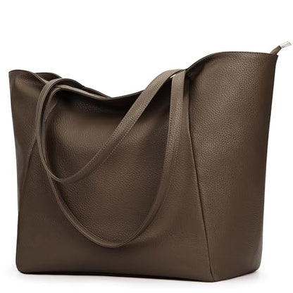 KALIDI Large Tote Bag Vegan Leather 16L Casual Zipper Work Weekender - color: Coffee Brown