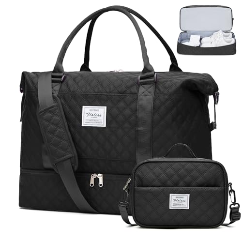 Weekender Bags for Women, Travel Duffel Bag with Shoes Compartment - color: Grid-Black, size: Large