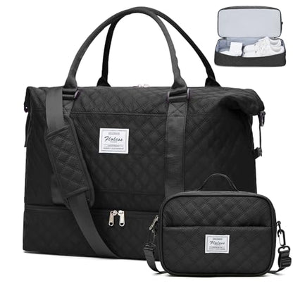 Weekender Bags for Women, Travel Duffel Bag with Shoes Compartment - color: Grid-Black, size: Large