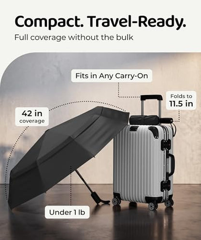 Windproof Travel Umbrella - Compact & Withstands Winds up to 100MPH, Strongest Premium Auto Folding Umbrella for Rain and Sun - Durable, Light & Portable for Women & Men, Fits Backpack & Cars - color: Black 2-Pack