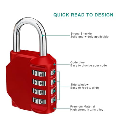 ZHEGE Combination Padlock 2 Pack, 4 Digit Lock for Locker (Silver & Red) - color: 2P, Sliver&Red, size: 2P