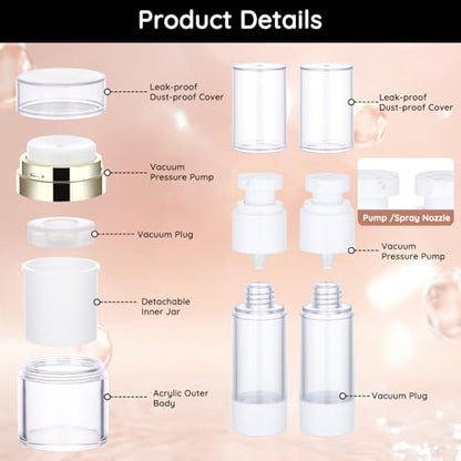 Segbeauty 7pcs Vacuum Lotion Dispenser Sprayer Set, Airless Pump Bottles Travel Size, Empty Golden Airless Pump Jar for Creams, Refillable Vacuum Fine Mist Spray Bottle Atomizer 0.5oz 1oz 1.7oz