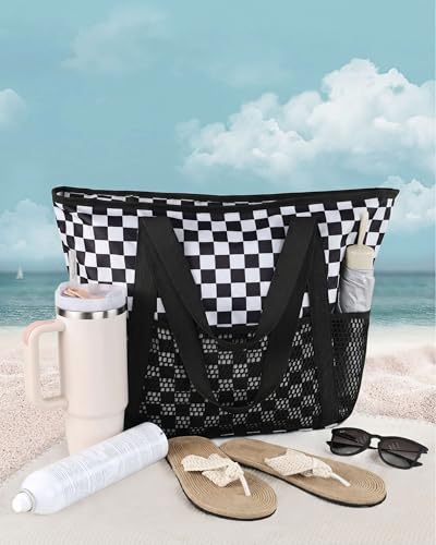 HOMESPON Beach Bag Large Waterproof Sandproof Tote for Women with Zipper and Mesh Pockets - color: Black Grid, size: Medium