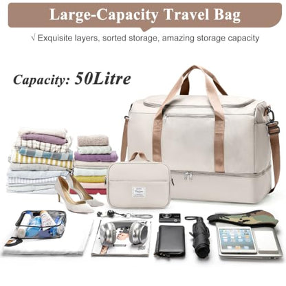 Travel Duffle Bag with Shoes Compartment,Carry-On Weekender Bags for Women - color: Beige & Brown with Toiletry Bag, size: Large
