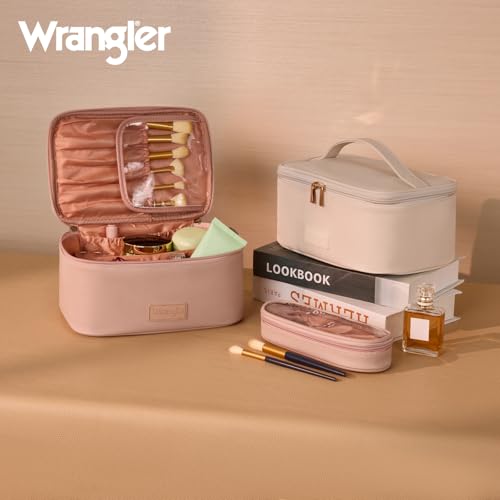 Wrangler Travel Makeup Bag 2pcs Set Cosmetic Bag with Makeup Brush Holder - color: Light Pink