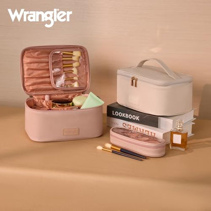 Wrangler Travel Makeup Bag 2pcs Set Cosmetic Bag with Makeup Brush Holder - color: Light Pink