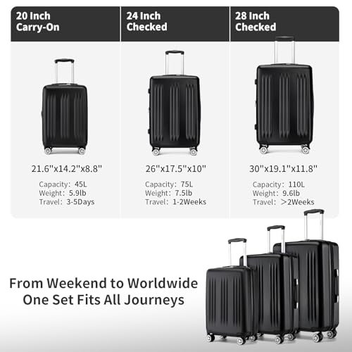 Kono 3 Piece Luggage Set 20/24/28inch Hardshell Expandable TSA Locks, Black - color: Black, size: 3 Piece Set (20"/24"/28")