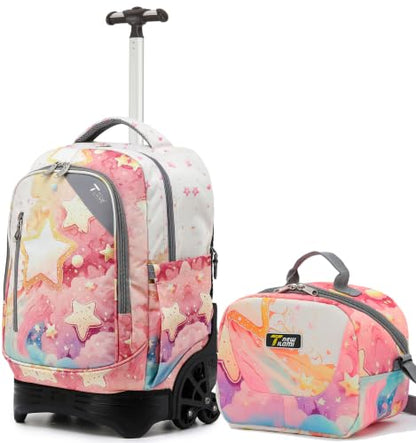 NEW TILAMI 18 Inch Rolling Backpack with Lunch Bag for Girls Boys School - color: Starshine