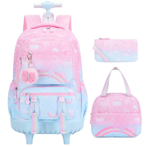 3PCS Rainbow Butterfly Rolling Backpack for Girls w/ Lunch Box (Pink Blue) - color: Pink Blue