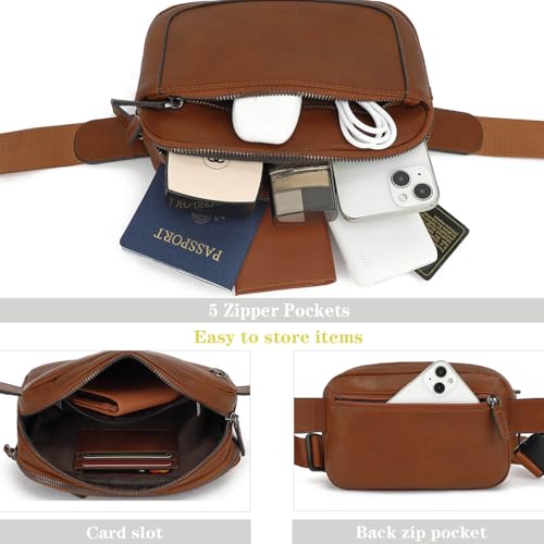 Fanny Packs for Women, Large Vegan Leather Waterproof Belt Bag, Brown - color: Brown