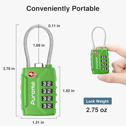 Puroma 2 TSA Approved Luggage Locks 4 Digit Code Cable Lock Basic Green - color: Basic Green