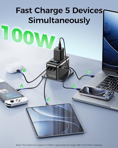 GaN 100W Universal Travel Adapter with Smart Display & 4 USB C/A Ports - color: GaN100W with Smart Display-Black