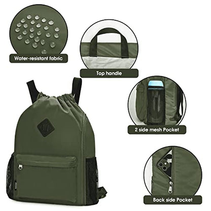 WANDF Drawstring Backpack with Shoe Compartment, Sports Gym Bag - color: L, Dark Green, size: Large