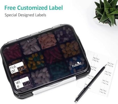 Fullicon Moisture Proof Travel Pill Organizer, 12 Large Compartments, Black