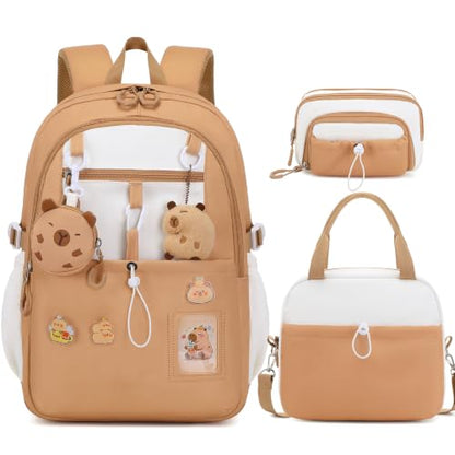 DIGOBAY Backpack for Girls, 5PCS School Bookbag with Lunch Box Pencil Case - color: Brown