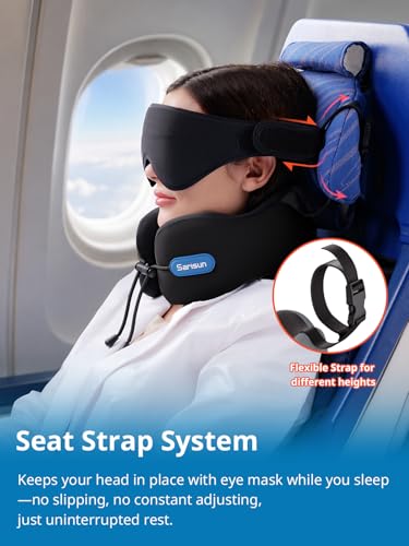 SARISUN Travel Neck Pillow with Strap & Eye Mask for Airplane Sleep Support - color: Grey&black