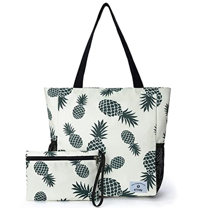ETidy Large Capacity Foldable Tote Bag With Zipper | Water-resistant, Lightweight, Sandproof, Beach Bag, Gym Bag, Travel Shopping Bag - color: Green Pineapple