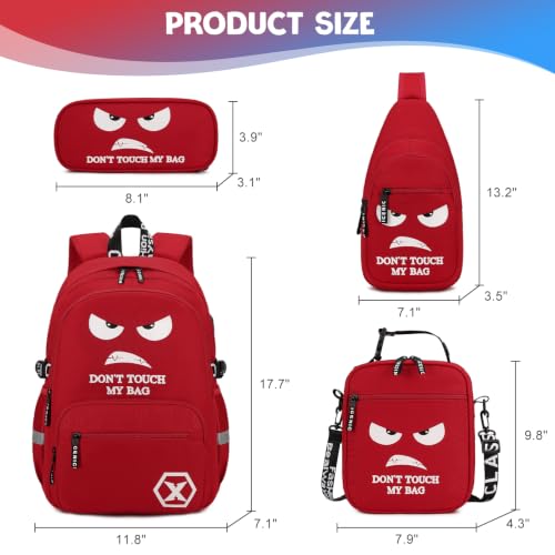 Backpack for Boys, 4PCS Cool Luminous Boy Backpack with Lunch Box | Sling Bag & Pencil Case for Kids, Bookbag for Boys Teens Elementary Middle School Students, Schoolbag Glow In The Dark - color: Red