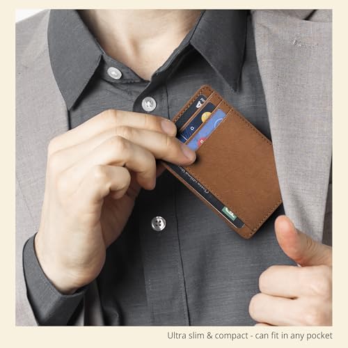 Slim Minimalist RFID Leather Wallet, Front Pocket Card Holder for Men - color: Cognac