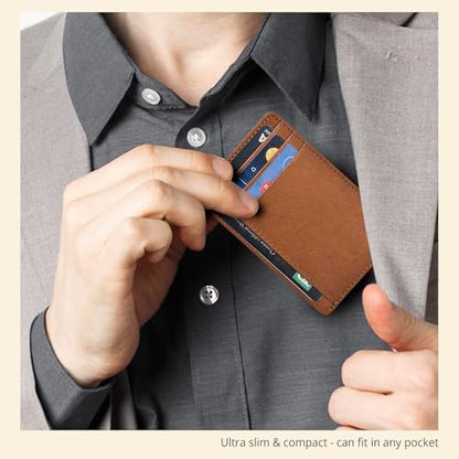 Slim Minimalist RFID Leather Wallet, Front Pocket Card Holder for Men - color: Cognac