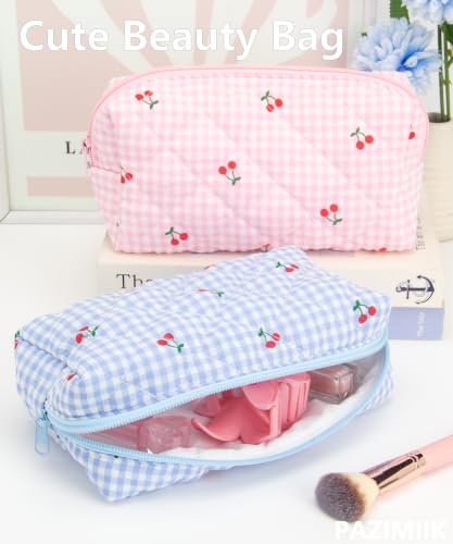 PAZIMIIK Small Quilted Makeup Bag,Zipper Cosmetic Pouch,Gingham Blue Cherry - color: Gingham Blue Cherry