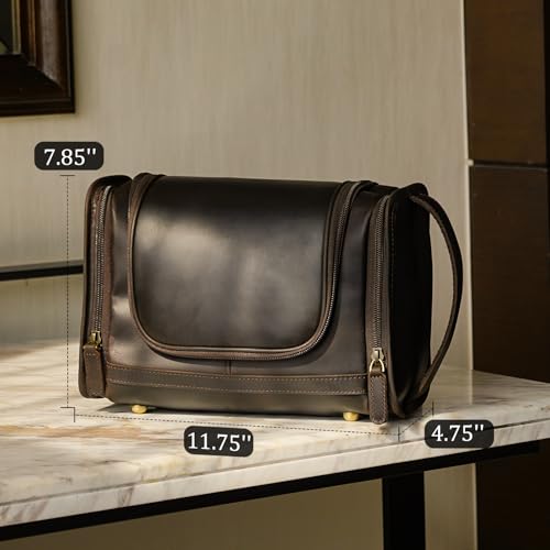 Polare Full Grain Leather Toiletry Bag Travel Dopp Kit Makeup Cosmetic Organizer Shaving Kit Wash Case with Hanging Hook - color: A-Dark Brown