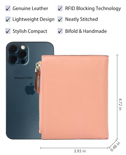 Women's RFID Blocking Leather Small Compact Bi-fold Zipper Pocket Wallet Card Case Purse with id Window - color: Lichee Pink