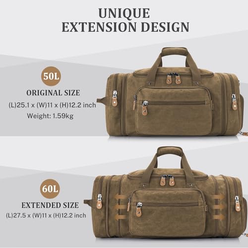 Gonex Canvas Duffle Bag, Expandable 60L Travel Overnight Weekender Bag - color: Coffee, size: X-Large-60L (With Shoe Compartment)