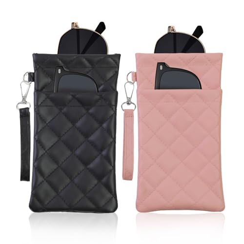 Double Eyeglass Case Soft Dual Glasses Case for Women Men Travel Squeeze Top Sunglasses Cases Eyeglasses Pouch - color: Black+dark Pink Lanyard