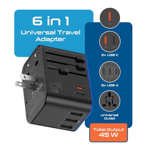 Ceptics 45W Universal Adapter, 3 USB-A, 2 USB-C, Universal Socket - 2 Pack - color: Jet Black