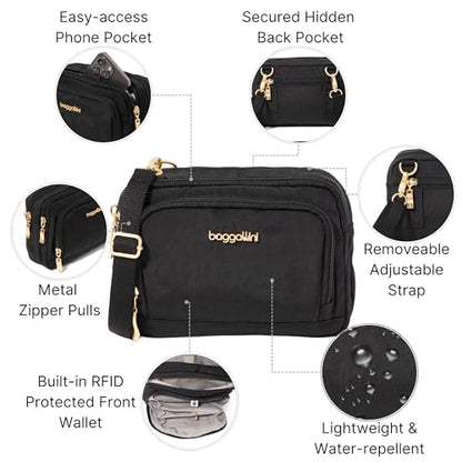 Baggallini Triple Zip with Front Wallet/Trifecta RFID Wallet Crossbody - color: Black W/ Gold Hardware