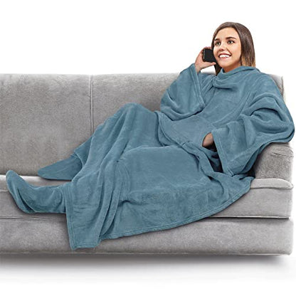PAVILIA Fleece Blanket with Sleeves, Foot Pockets for Women Men, Dusty Blue - color: Dusty Blue, size: Fleece