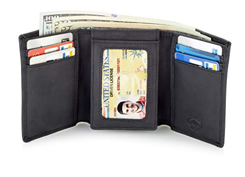 Stealth Mode Trifold Leather Wallet for Men with ID Holder and RFID Blocking (Black) - color: Black