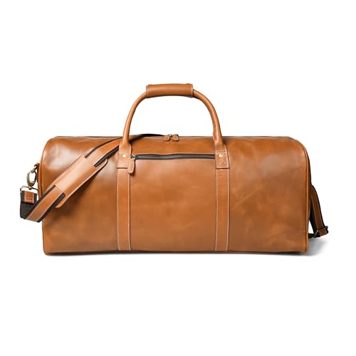 Genuine Leather Duffle Bag for Men & Women – Stylish Travel Weekender Bag with Shoulder Strap – Overnight, Gym, or Carry-On Luggage Bag – Tan - color: Tan