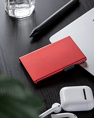 VULKIT Minimalist Credit Card Holder Pop Up Cards RFID Protection Slim Metal Wallet - color: Red
