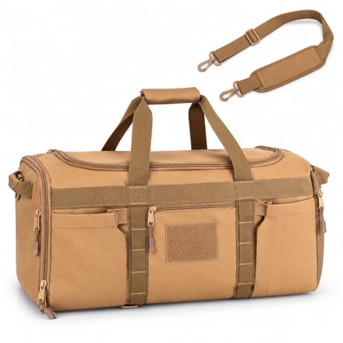 Tactical Duffle Bag with Shoe Compartment, Gym Travel Backpack, 45L - color: khaki