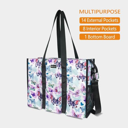 TOPDesign Utility Water Resistant Tote Bag with 22 Pockets, Zipper Closure - color: Butterfly, size: Medium