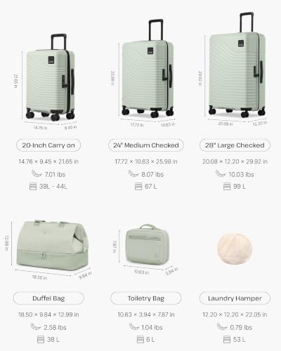 Coolife 6 Piece Travel Set: 3 Suitcases, Duffel, Organizer, Pop-Up Hamper - color: Light Green, size: 6-Piece Set