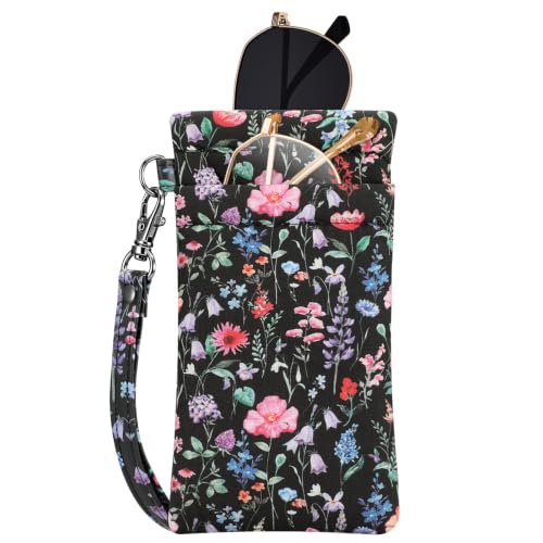 FINTIE Double Sunglasses Pouch with Strap, Squeeze Top Eyeglasses Case - color: Black Floral