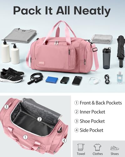 HOTOR Gym Bag, Duffle Bag with Shoe Compartment, Pink 20.5x11x10.6 Inch - color: Pink, size: 20.5" x 11.0" x 10.6"