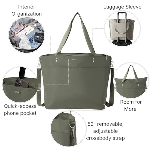 Baggallini Carryall Tote - Lightweight Nylon Zipper Top Weekender Travel Beach Bag w/Luggage Sleeve - color: Thyme