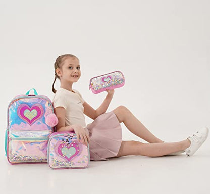 Meetbelify Girls Rolling Backpack Sequin Rolling Backpacks with Wheels for Girls for Elementary School Bag - color: Pink Love