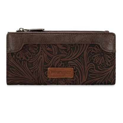 X Wrangler Western Womens Wallet Bifold Tooling Flower Credit Card Holder - color: Embossed-Coffee